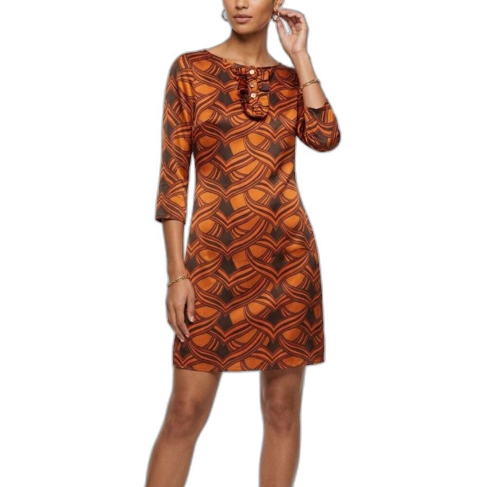 Zara Women's Orange Black Geo Print Satin Ruffled Neck LS A-line Dress Size S